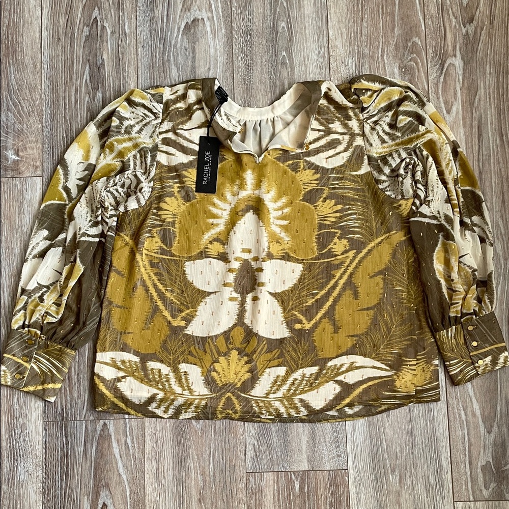 Rachel Zoe Print Chiffon Lined Blouse XL Longsleeve Olive Green Tan MetallicGold